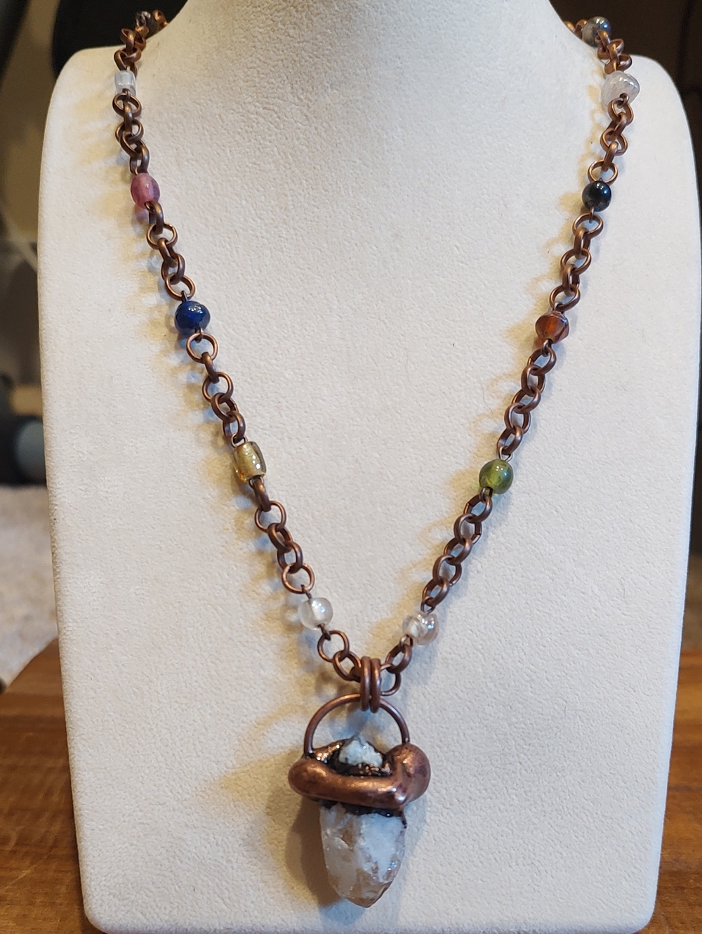 Electroformed Copper Citrine Rough Stone Pendant & Beaded Copper Necklace